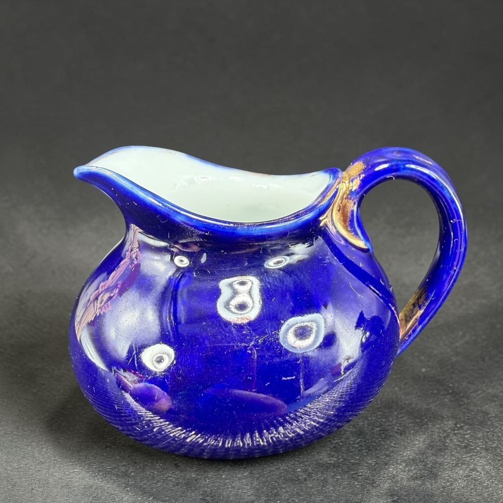 Vintage German Cobalt Blue Porcelain Mini Creamer Jug Gold Gilt‎ 2 Inch Tall